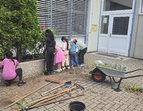 Kinder bepflanzen die Blumentöpfe vor der Schule